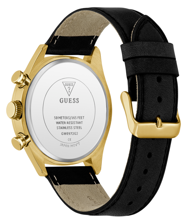 Guess watch with black strap and gold case on a white background
