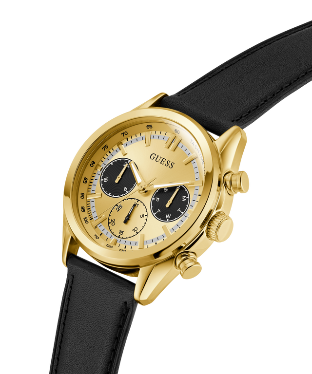 Gold watch with black strap on a white background lifestyle