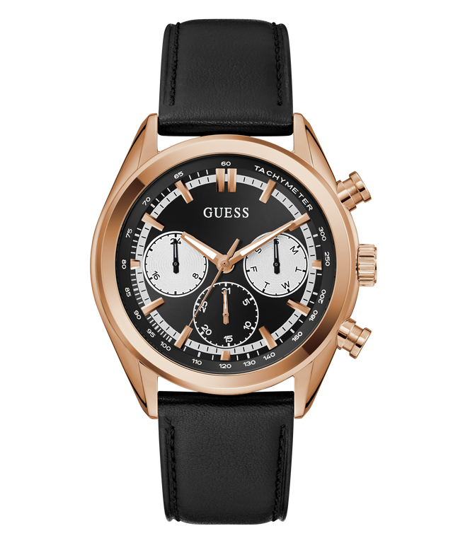 GUESS Mens Black Rose Gold Tone Multi-function Watch with black leather strap and rose gold case on white background
