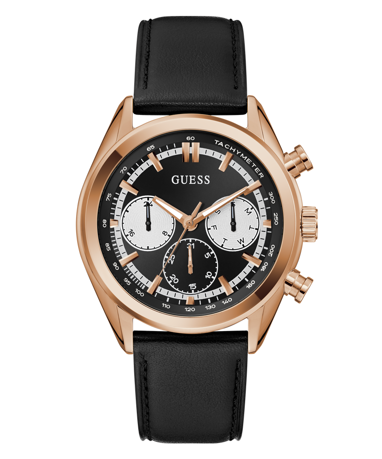 GUESS Mens Black Rose Gold Tone Multi-function Watch with black leather strap and rose gold case on white background
