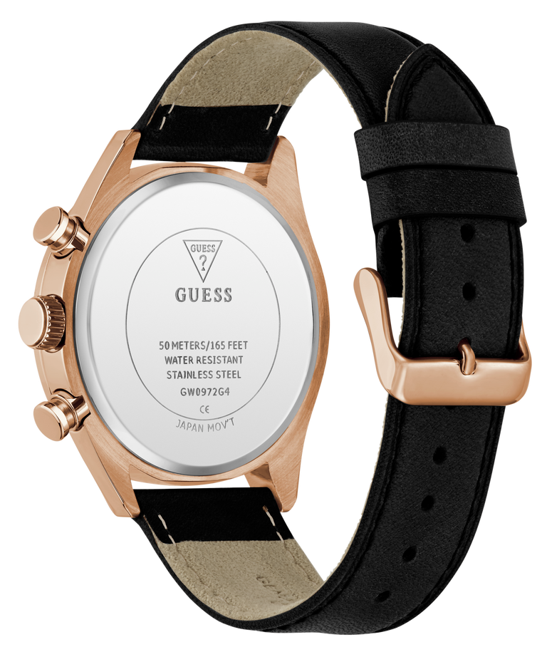 GUESS Mens Black Rose Gold Tone Multi-function Watch with black strap and rose gold case on a white background