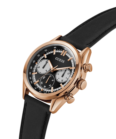 Guess watch with black strap and rose gold case on white background lifestyle