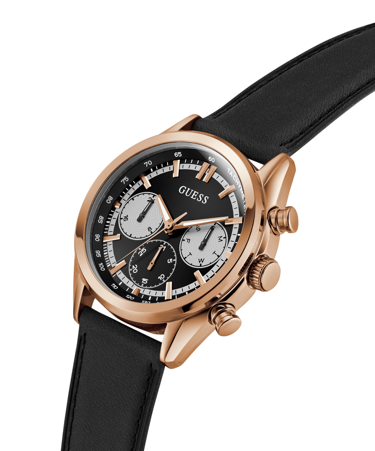 Guess watch with black strap and rose gold case on white background lifestyle