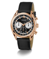 GUESS Mens Black Rose Gold Tone Multi-function Watch with black leather strap and rose gold case on white background