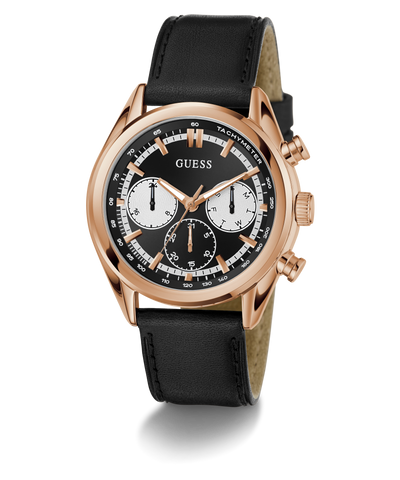 GUESS Mens Black Rose Gold Tone Multi-function Watch with black leather strap and rose gold case on white background