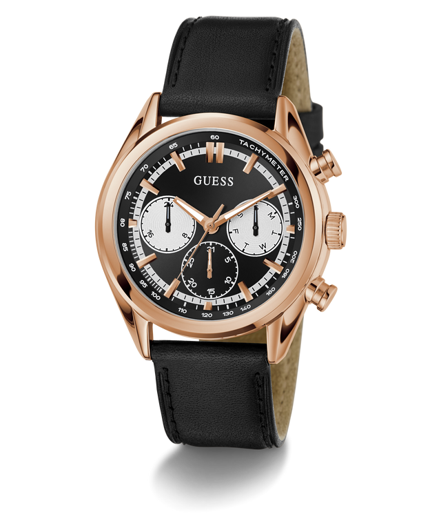 GUESS Mens Black Rose Gold Tone Multi-function Watch with black leather strap and rose gold case on white background