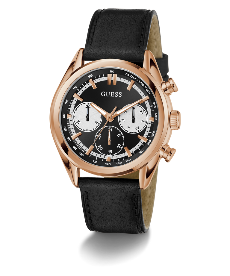 GUESS Mens Black Rose Gold Tone Multi-function Watch with black leather strap and rose gold case on white background
