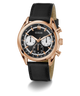 GUESS Mens Black Rose Gold Tone Multi-function Watch with black leather strap and rose gold case on white background
