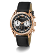 GUESS Mens Black Rose Gold Tone Multi-function Watch with black leather strap and rose gold case on white background
