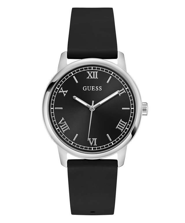 Black watch with silver case and black strap on a white background