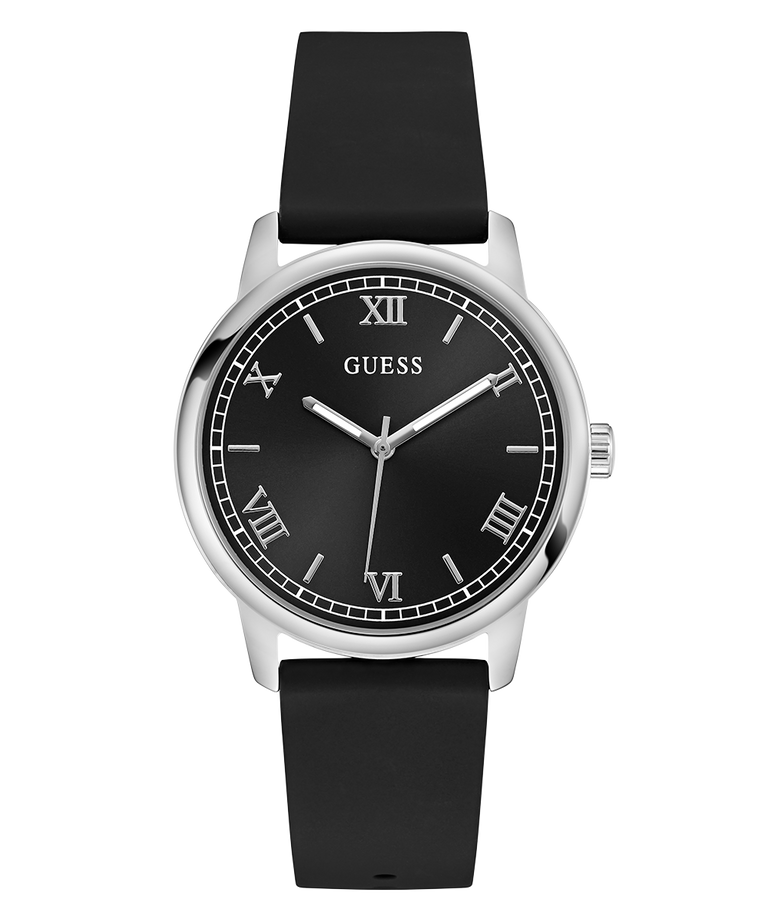 Black watch with silver case and black strap on a white background