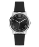 Black watch with silver case and black strap on a white background
