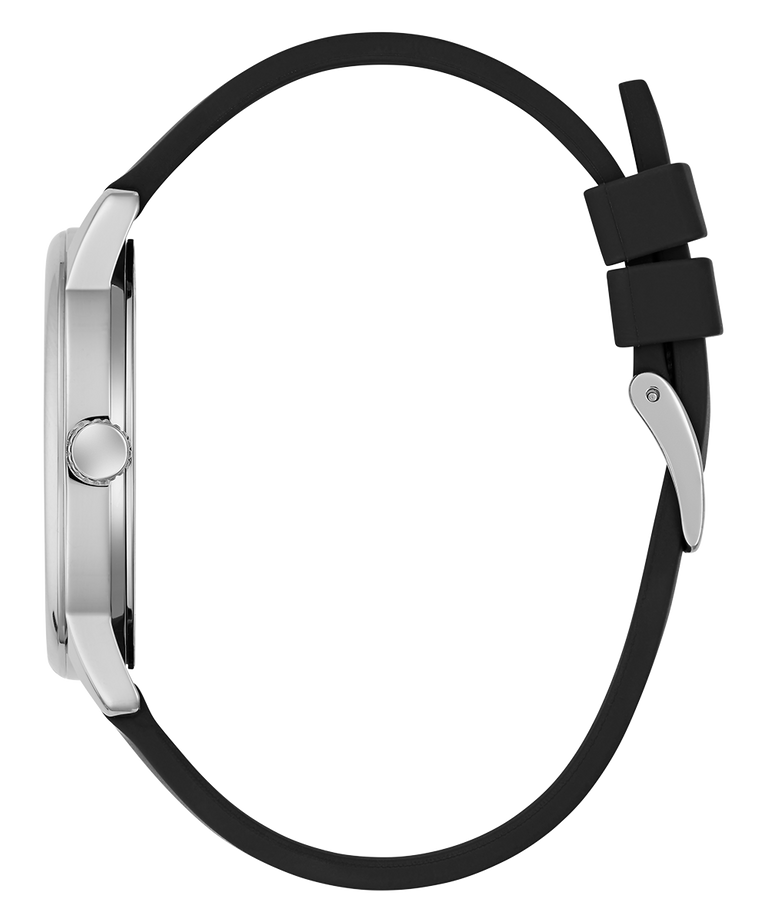 Black watch strap with silver clasp on a white background