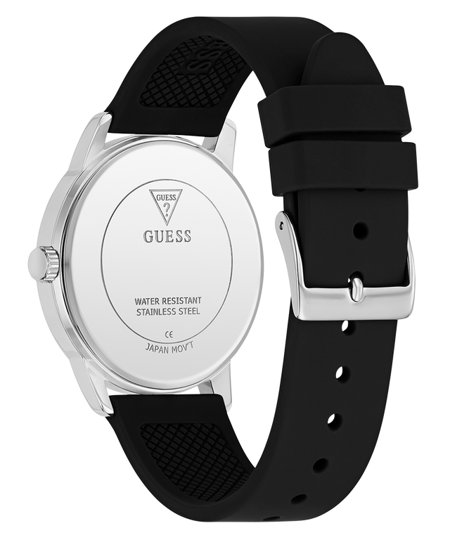 Caseback of Black Guess watch with silver case on a white background