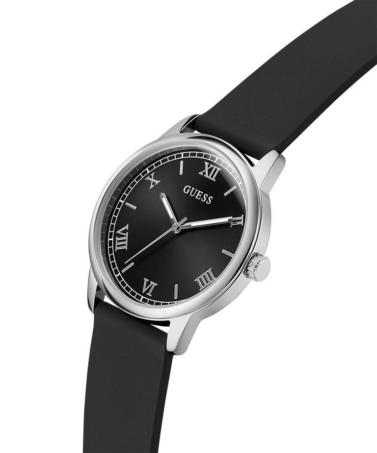 GUESS Mens Black Silver Tone Analog Watch with a black strap and silver case on a white background lifestyle