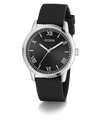 GUESS Mens Black Silver Tone Analog Watch with silver case and black strap on a white background