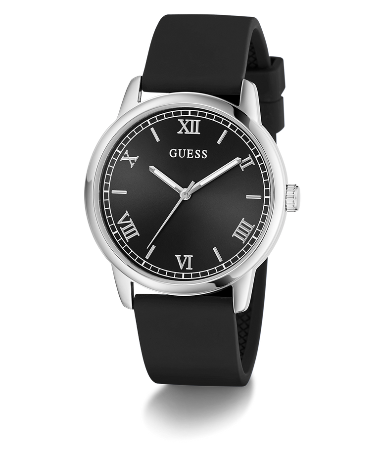 GUESS Mens Black Silver Tone Analog Watch with silver case and black strap on a white background