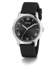 GUESS Mens Black Silver Tone Analog Watch with silver case and black strap on a white background