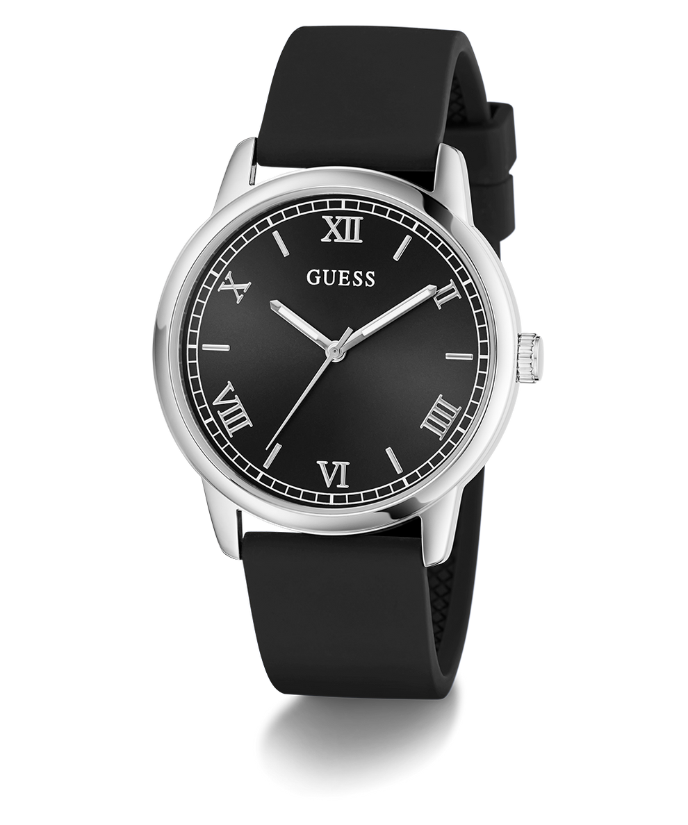 GUESS Mens Black Silver Tone Analog Watch with silver case and black strap on a white background