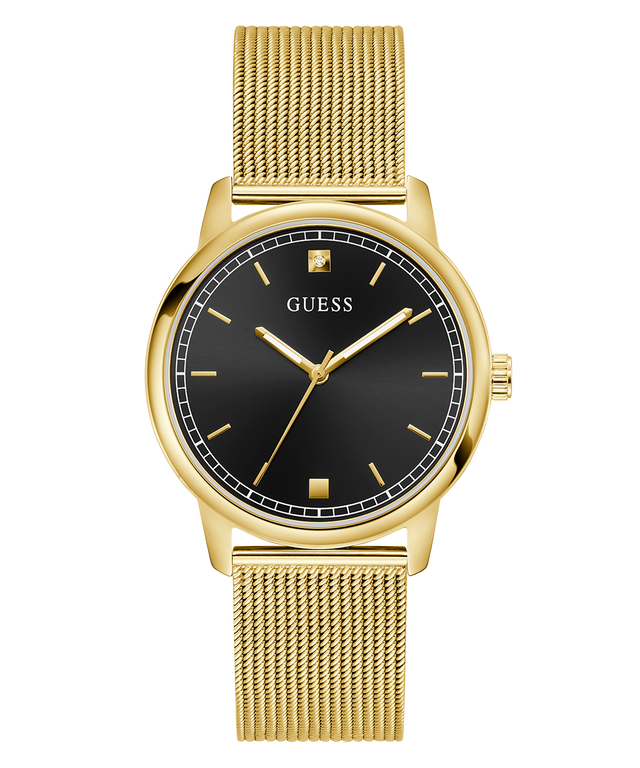 GUESS Mens Gold Tone Analog Watch with black face on a white background