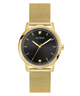 GUESS Mens Gold Tone Analog Watch with black face on a white background