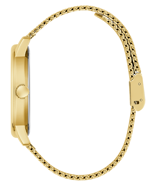 Side of GUESS Mens Gold Tone Analog Watch with a chain-like strap on a white background