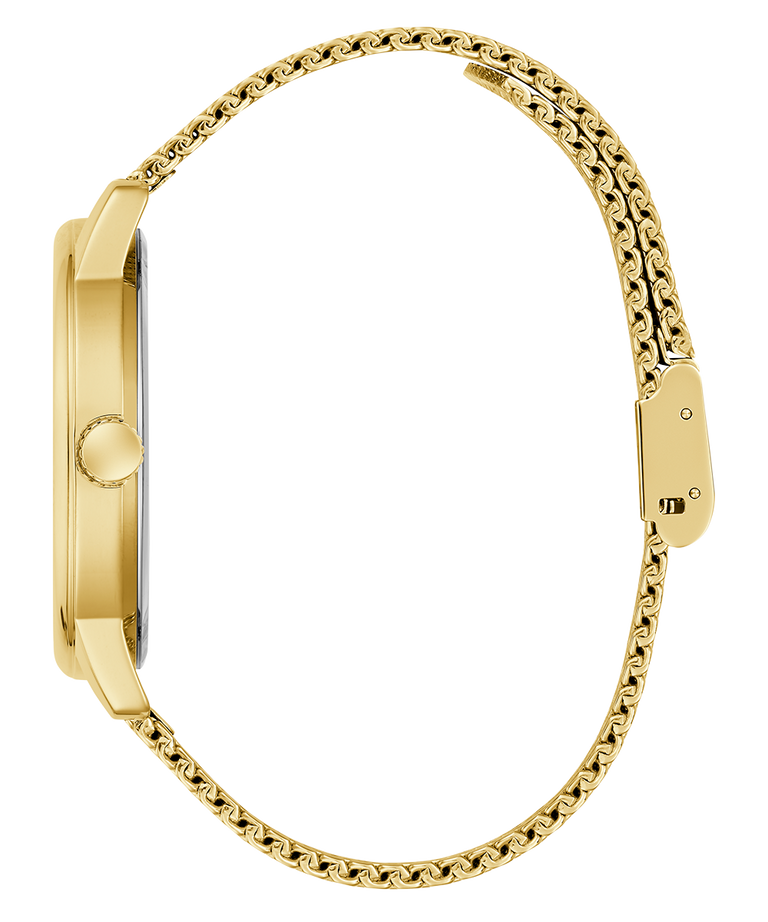 Side of GUESS Mens Gold Tone Analog Watch with a chain-like strap on a white background