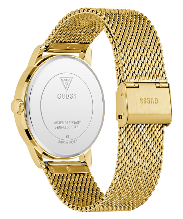GUESS Mens Gold Tone Analog Watch caseback with mesh band on a white background