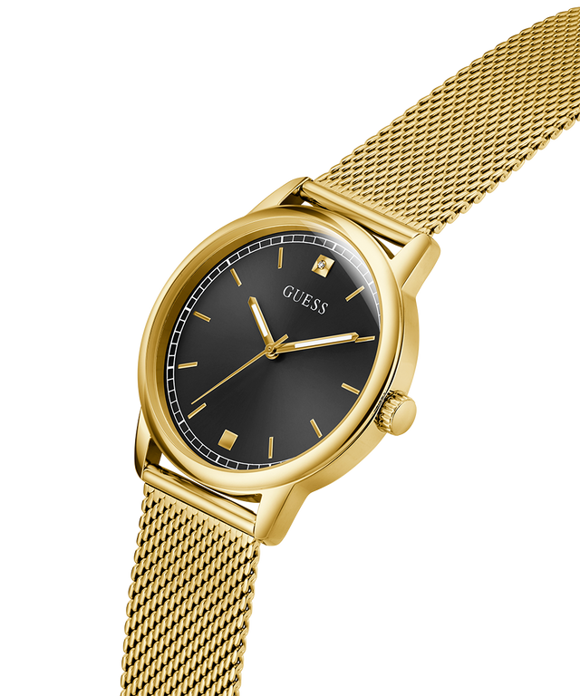 Gold watch with black face on a white background lifestyle