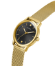 Gold watch with black face on a white background lifestyle