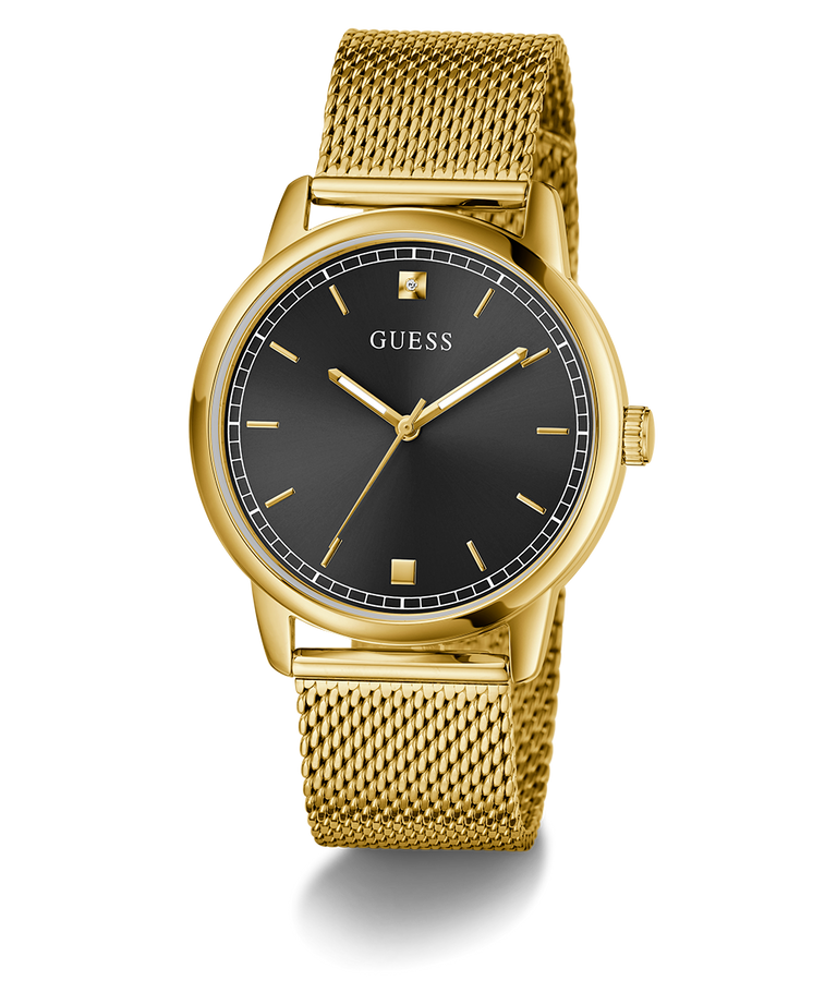 GUESS Mens Gold Tone Analog Watch with black face on a white background