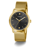 GUESS Mens Gold Tone Analog Watch with black face on a white background