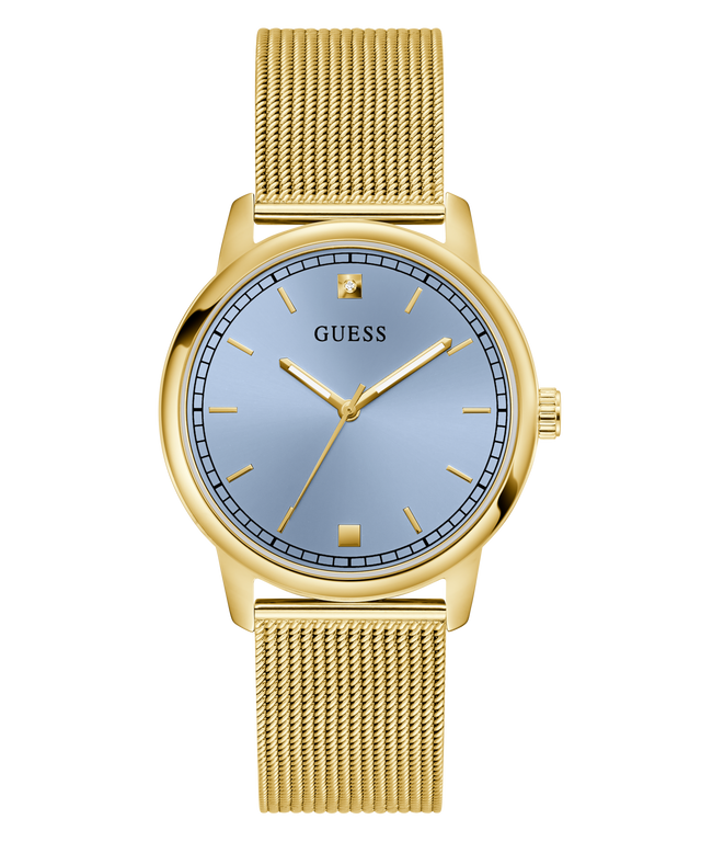 GUESS Mens Gold Tone Analog Watch with blue face on a white background