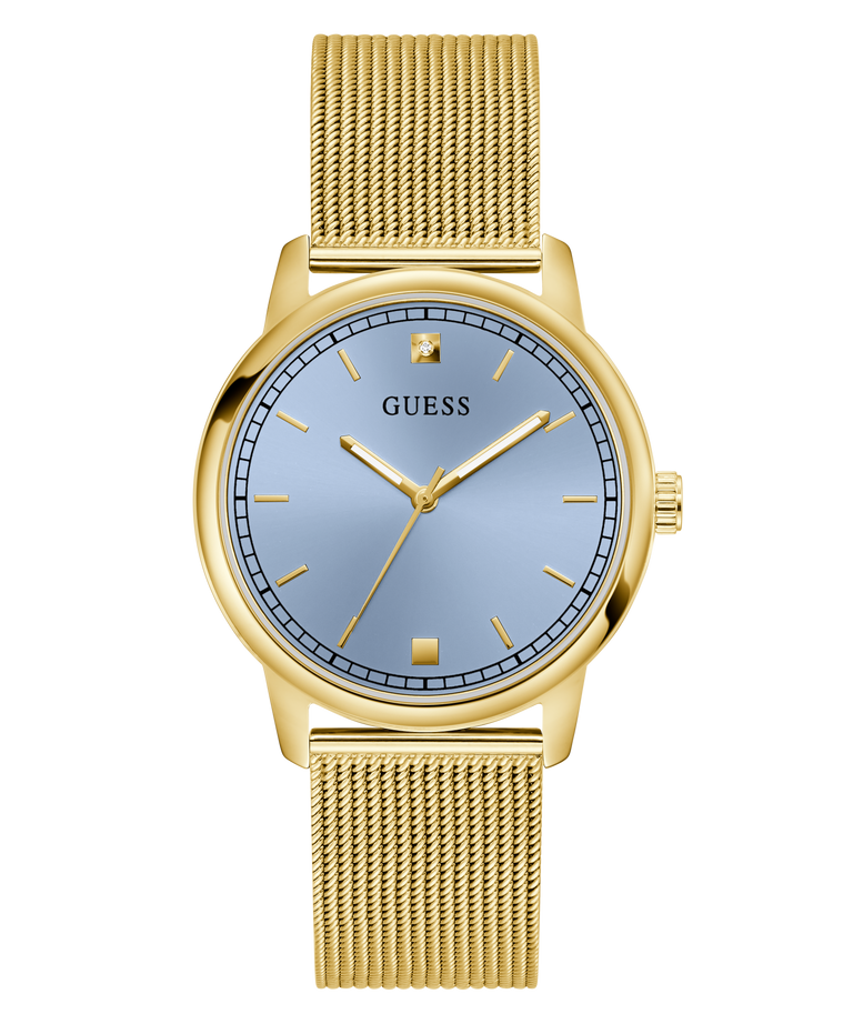GUESS Mens Gold Tone Analog Watch with blue face on a white background