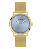 GUESS Mens Gold Tone Analog Watch with blue face on a white background