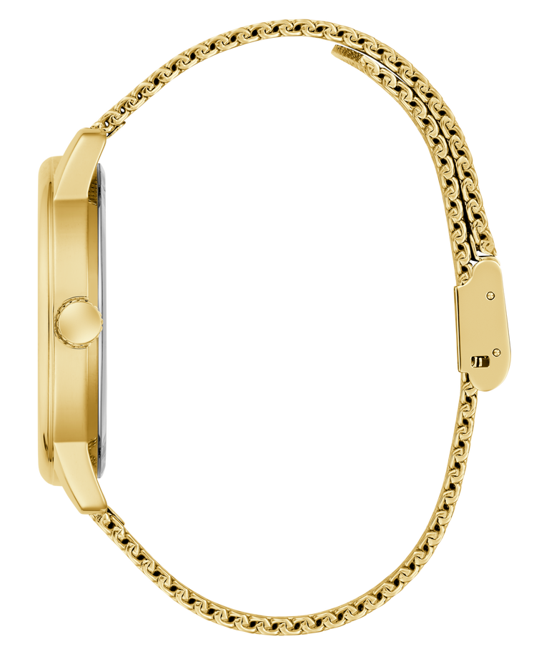 GUESS Mens Gold Tone Analog Watch with a chain-like strap on a white background
