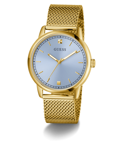 GUESS Mens Gold Tone Analog Watch with a blue face on a white background