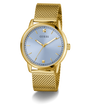 GUESS Mens Gold Tone Analog Watch with a blue face on a white background