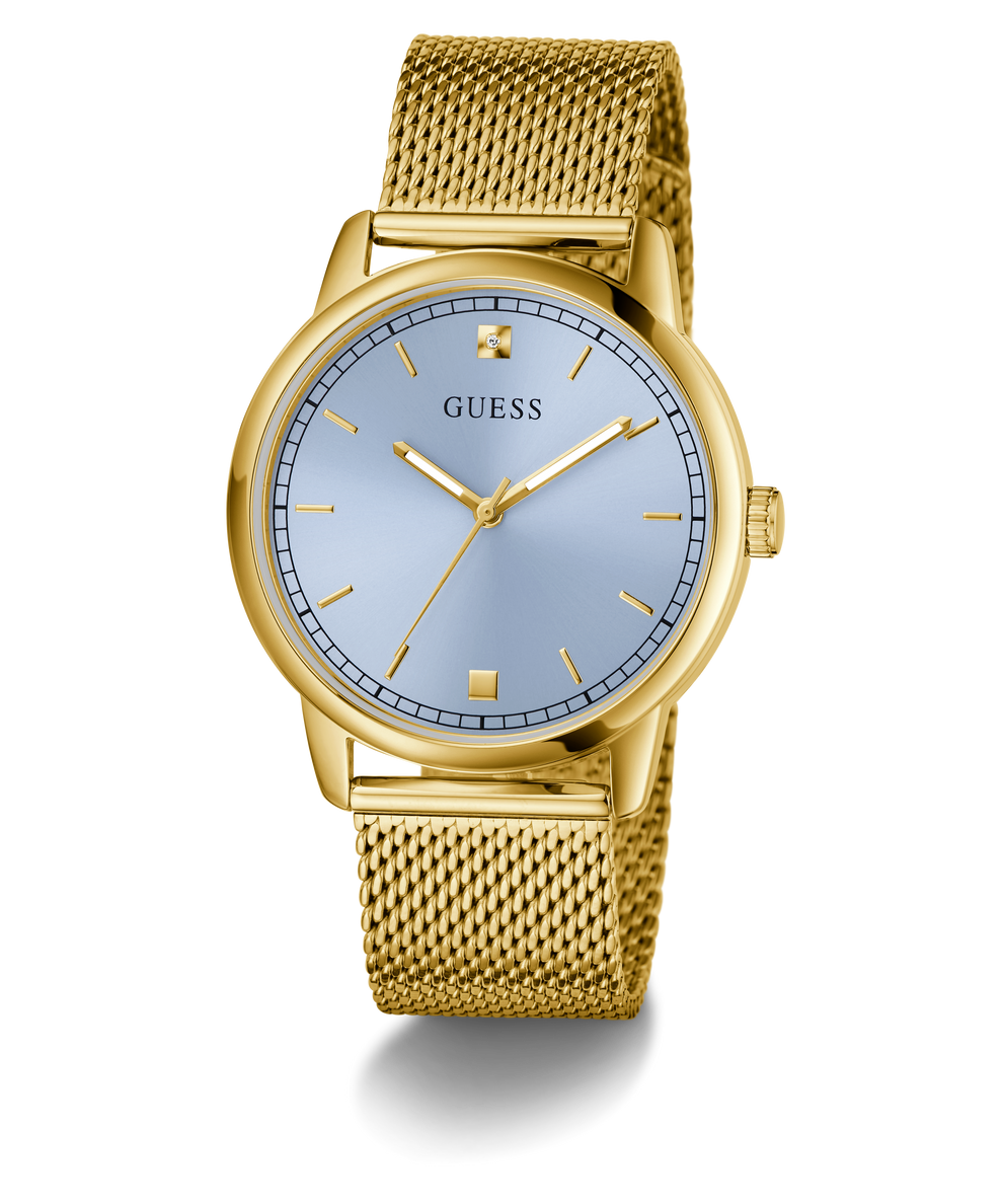 GUESS Mens Gold Tone Analog Watch with a blue face on a white background
