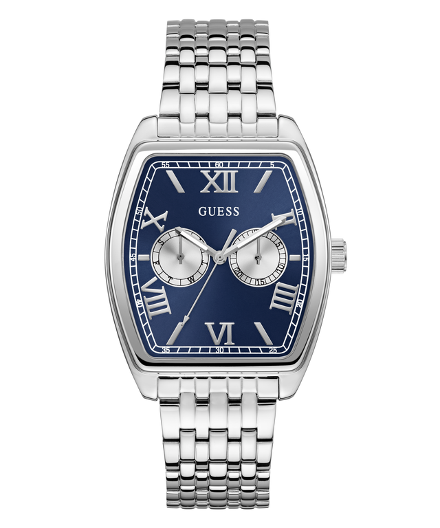 GUESS Mens Silver Tone Multi-function Watch watch with blue face and Guess branding on a white background