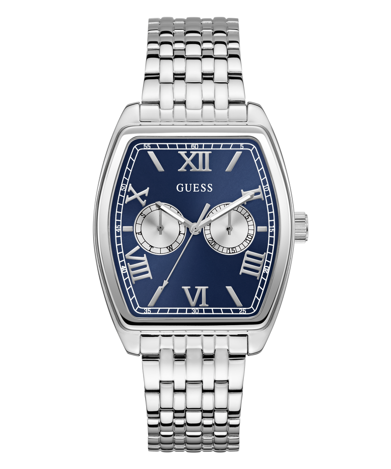 GUESS Mens Silver Tone Multi-function Watch watch with blue face and Guess branding on a white background