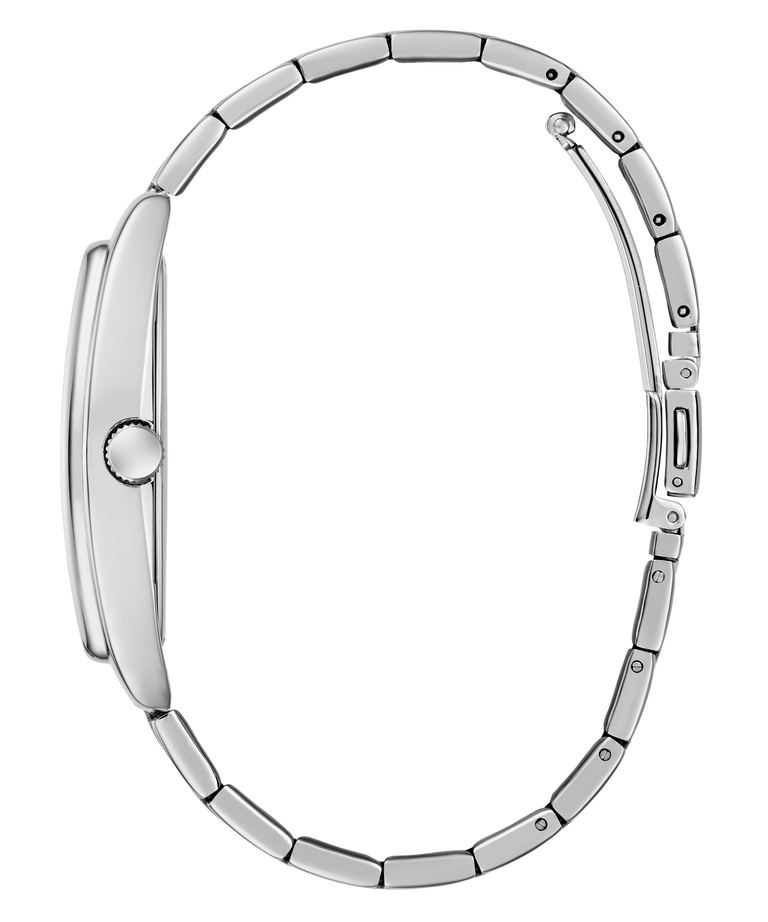 Side of GUESS Mens Silver Tone Multi-function Watch band on a white background