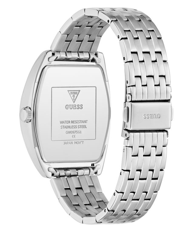 Caseback of GUESS Mens Silver Tone Multi-function Watch Guess watch with metal band on a white background