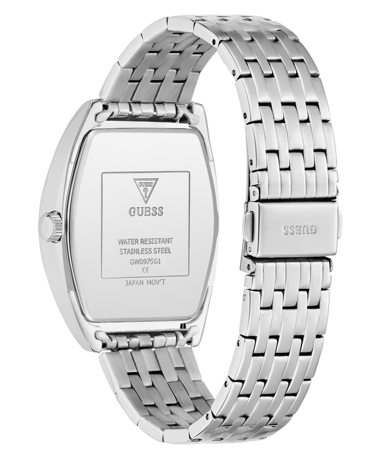 Caseback of GUESS Mens Silver Tone Multi-function Watch Guess watch with metal band on a white background
