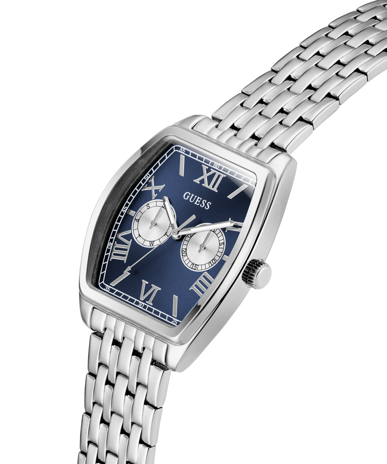 GUESS Mens Silver Tone Multi-function Watch watch with blue face and Guess logo on a white background lifestyle