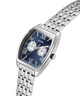 GUESS Mens Silver Tone Multi-function Watch watch with blue face and Guess logo on a white background lifestyle
