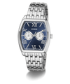 GUESS Mens Silver Tone Multi-function Watch watch with silver bracelet and blue dial on a white background