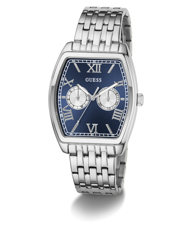 GUESS Mens Silver Tone Multi-function Watch watch with silver bracelet and blue dial on a white background