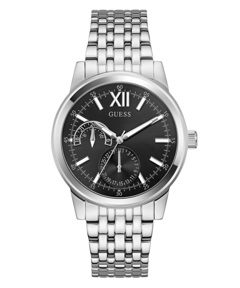 Silver GUESS Mens Silver Tone Multi-function Watch with black dial on a white background