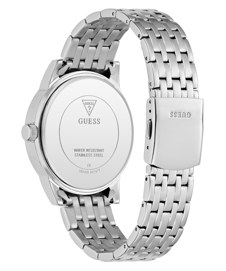 Silver GUESS Mens Silver Tone Multi-function Watch GUESS Mens Silver Tone Multi-function Watch with metal band on a white background
